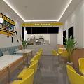 Modern Milk Tea Shop Interior With Yellow Chairs White Tables Blue Booths And Green Plants