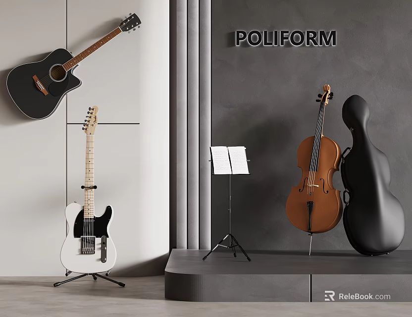 Musical Instruments Display Featuring Acoustic Electric Guitars Cello Music Stand And Sheet Music 3d model 