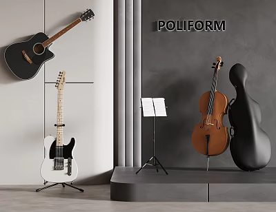 Musical Instruments Display Featuring Acoustic Electric Guitars Cello Music Stand And Sheet Music 3d model