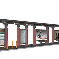 Modern Bus Station With Roof Shelter Red Pillars Advertisement Billboards And Yellow Railings