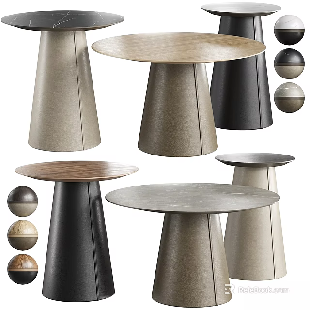 Stylish Modern Round Dining Tables With Various Colored Bases And Wooden Marble Concrete Tabletops 3d model 