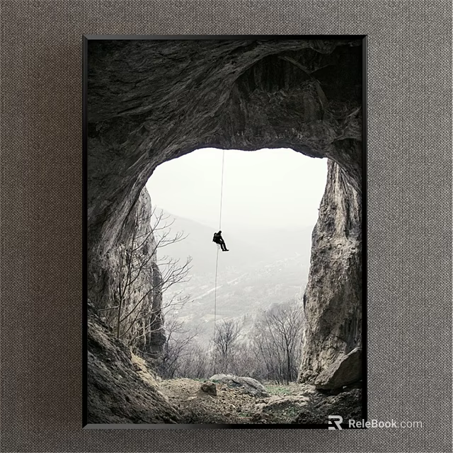Landscape Painting Showing Cave Entrance With Person Hanging On Rope Rocky Trees And Distant View 3d model 