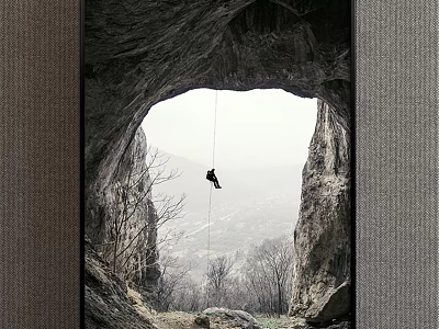 Landscape Painting Showing Cave Entrance With Person Hanging On Rope Rocky Trees And Distant View 3d model