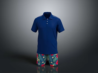 Blue Short Sleeve Polo Shirt With Floral Print Casual Shorts Outfit 3d model