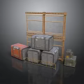Industrial Storage Scene Components With Metal Frame Stacked Crates And Colored Boxes