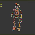 Orange And Blue Mechanical Robot With Circular Chest Jointed Limbs Standing On Reflective Surface 3d model
