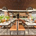 Elegant Modern Restaurant Interior With Wooden Decor Pendant Lights And Green Plants