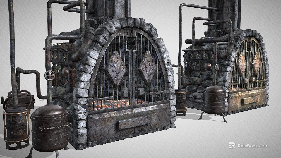 Industrial Vintage Stove With Metal Pipes Brick Structure Arched Door Glowing Elements and Containers 3d model 