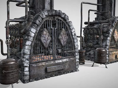 Industrial Vintage Stove With Metal Pipes Brick Structure Arched Door Glowing Elements and Containers 3d model
