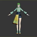 3D Model Character With Green Hair Light Green Top And Blue Shorts On Gray Background