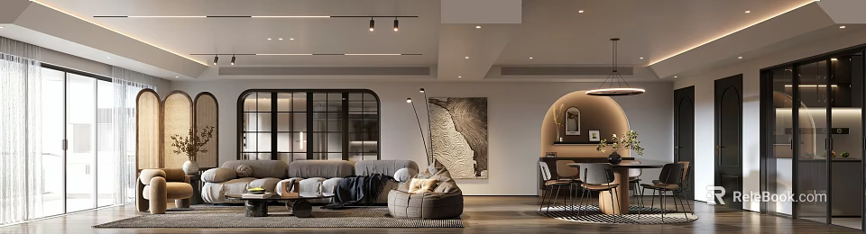 Modern Living And Dining Room Interior With Gray Sofa Floor Lamp And Dining Table Chairs 3d model 