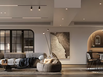 Modern Living And Dining Room Interior With Gray Sofa Floor Lamp And Dining Table Chairs 3d model