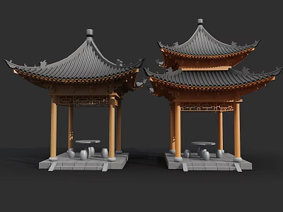 Traditional Chinese Pavilion Structure With Curved Roofs Wooden Pillars And Stone Base 3d model