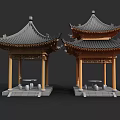 Traditional Chinese Pavilion Structure With Curved Roofs Wooden Pillars And Stone Base