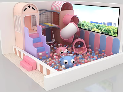 Colorful Indoor Playground Equipment With Slide Ball Pit And Cartoon Shaped Elements 3d model