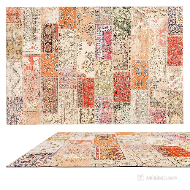 Square Area Rug Featuring Patchwork Design With Various Patterns And Colors 3d model