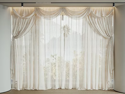 Elegant White Sheer Curtains With Pleated Design And Outdoor Palm Tree View 3d model