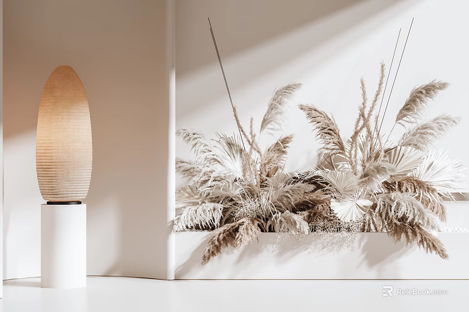 Minimalist Modern White Room With Rectangular Vase And Feathery Foliage In Soft Light 3d model 