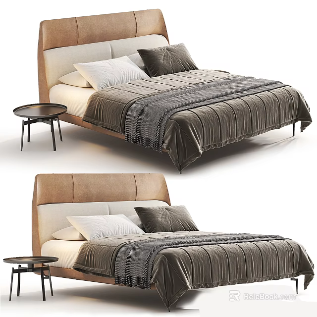 Modern Minimalist Double Bed With Beige Headboard Gray Pleated Duvet And Side End Table 3d model 
