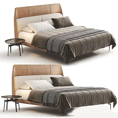 Modern Minimalist Double Bed With Beige Headboard Gray Pleated Duvet And Side End Table 3d model