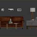 Modern Living Room Interior With Red Leather Sofa Grey Armchair And Round Wooden Coffee Table