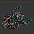 Futuristic Cosmic Spaceship With Dark Exterior Red Patterned Details And Multiple Illuminated Wings