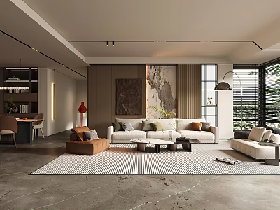 Modern Living Room Interior With Neutral Sofa Striped Rug Large Artwork Floor Lamp And Plants 3d model
