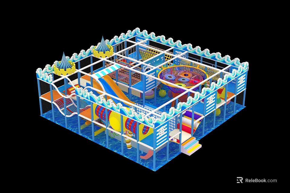 Vibrant Indoor Playground With Slide Climbing Net And Colorful Enclosed Fence For Children 3d model 