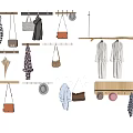 Wall Mounted Wooden Clothes Racks With Hanging Clothes Bags Hats And Accessories