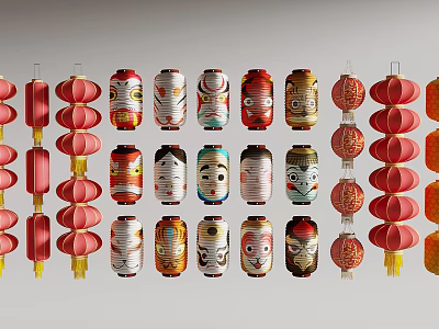 Colorful Traditional Lanterns with Diverse Patterns Hanging in Row for Decorative 3d model