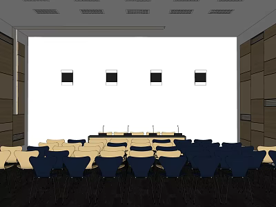 Modern Conference Room Interior With Arranged Seating Wooden Walls And Ceiling Lights 3d model