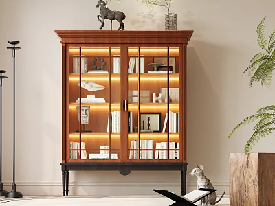 Elegant Wooden Bookcase With Glass Doors Interior With Books Decorations Top Horse Sculpture And Vase 3d model