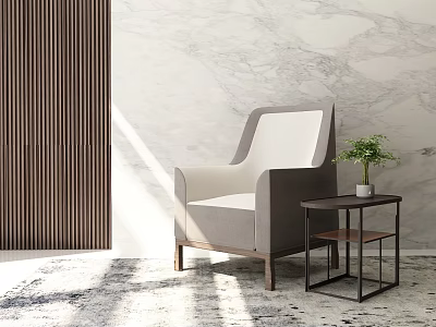 Modern Light Gray Upholstered Armchair With Side Table And Green Plant Against Marble Wall 3d model