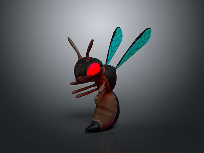 Detailed 3D Ant Model With Red Eyes And Green Wings On Dark Background 3d model