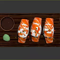 Fresh Salmon Sushi Pieces Served on Wooden Tray with Soy Sauce and Wasabi