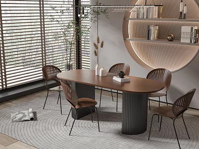 Modern Oval Wooden Dining Table Set With Four Woven Chairs And Circular Shelf 3d model