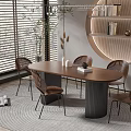 Modern Oval Wooden Dining Table Set With Four Woven Chairs And Circular Shelf