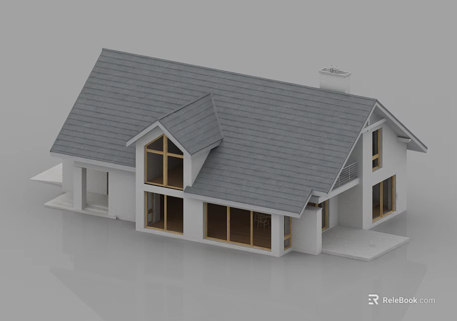 Modern Detached House With Gray Roof White Exterior Walls Chimney And Large Wooden Framed Windows 3d model 