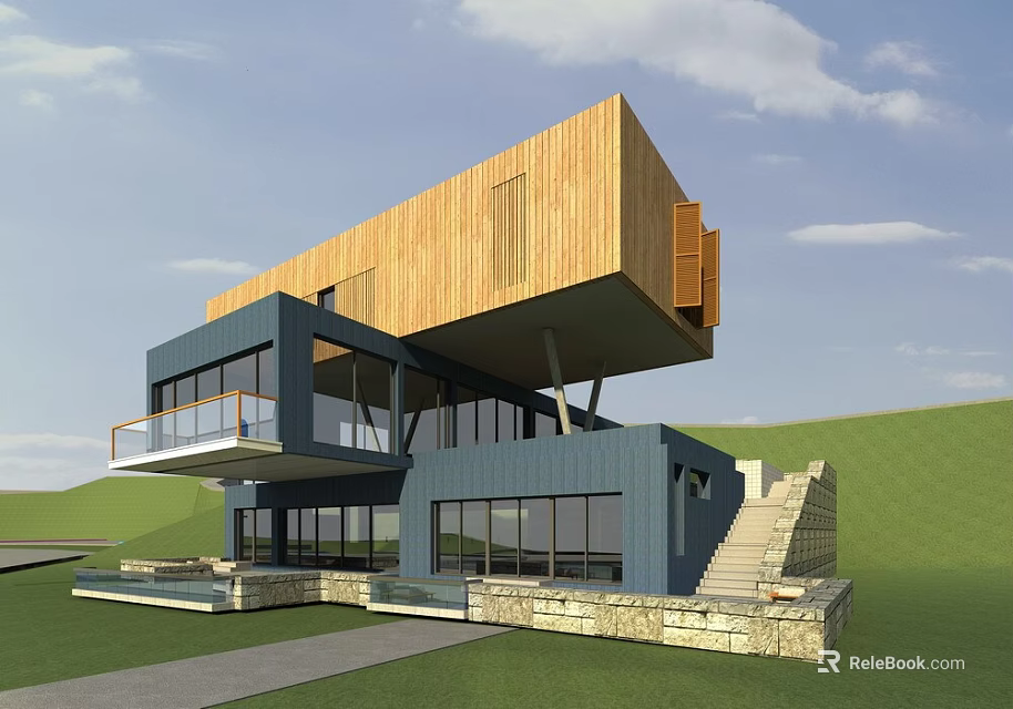 Modern Single Family House Exterior Featuring Cantilevered Wooden Structure Large Glass Windows And Stone Steps 3d model 