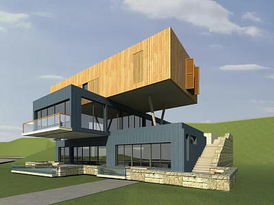 Modern Single Family House Exterior Featuring Cantilevered Wooden Structure Large Glass Windows And Stone Steps 3d model