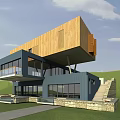Modern Single Family House Exterior Featuring Cantilevered Wooden Structure Large Glass Windows And Stone Steps