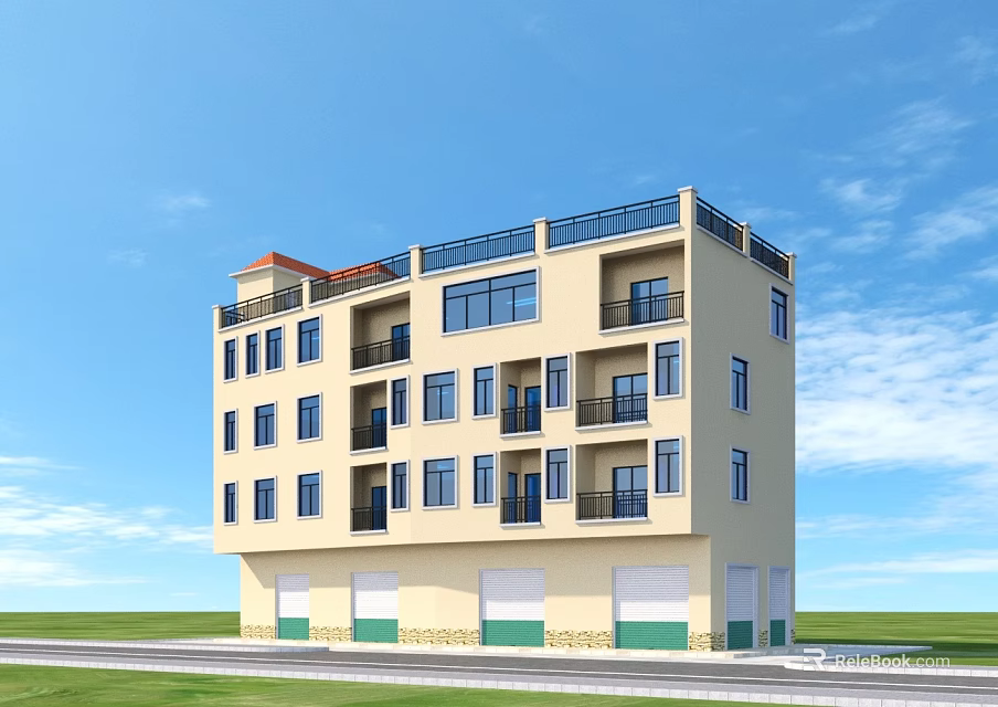 Multi Storey Residential Building With Balconies Ground Floor Garages Beige Exterior Blue Sky Green Lawn 3d model 