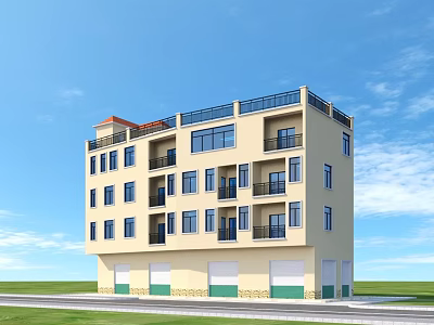 Multi Storey Residential Building With Balconies Ground Floor Garages Beige Exterior Blue Sky Green Lawn 3d model