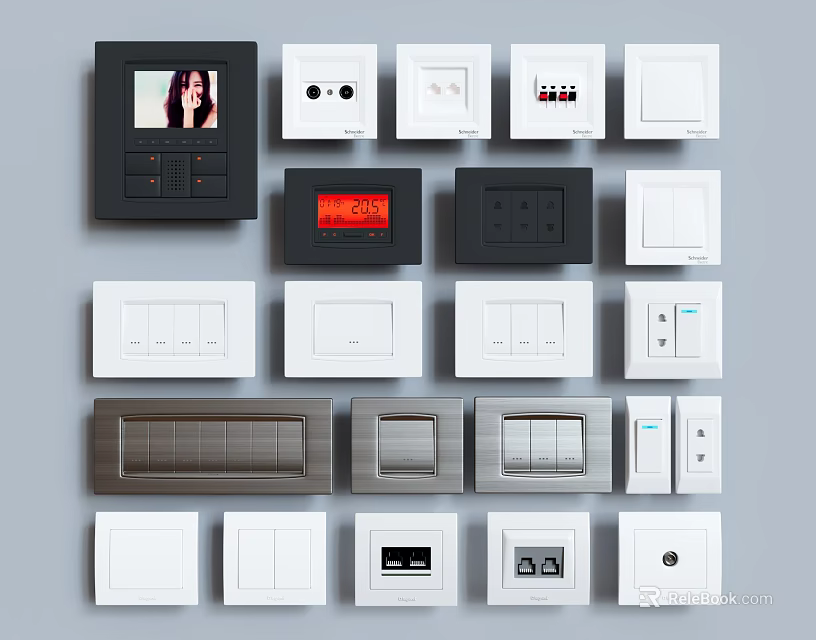 Various Modern Switch Panels with White Black Colors Digital Display and Multiple Designs 3d model 