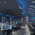 Modern Internet Cafe Interior Design Featuring Blue Lighting Gaming Computers And Ergonomic Chairs 3d model