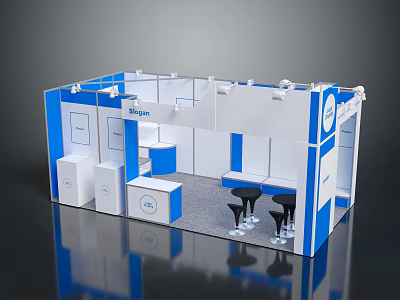 Epson Exhibition Booth With Blue And White Design Display Counters And Tables With Black Stools 3d model