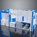 Epson Exhibition Booth With Blue And White Design Display Counters And Tables With Black Stools