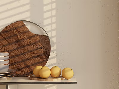Stylish Tableware Set with Wooden Cutting Board and Yellow Lemons on Countertop under Sunlight Shadows 3d model