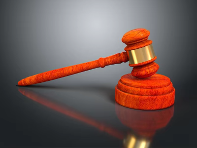 Reddish Wooden Gavel With Golden Band Top And Polished Wooden Base 3d model