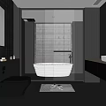 Modern Bathroom Interior With Black Toilet White Bathtub Window Blinds And Gray Tiled Floor
